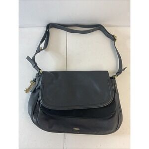 FOSSIL Peyton Double Flap Crossbody‎ Messenger Bag Black pebbled Leather key